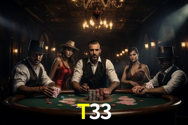 Escena dinámica inspirada en casino con iluminación T33, cartas, fichas e íconos de juegos digitales en un espacio moderno de juegos.