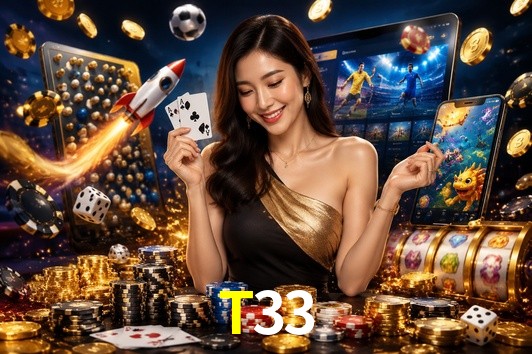 Una escena digital vívida inspirada en casino con T33 mostrado prominentemente, luces brillantes, fichas, cartas y acentos dorados.
